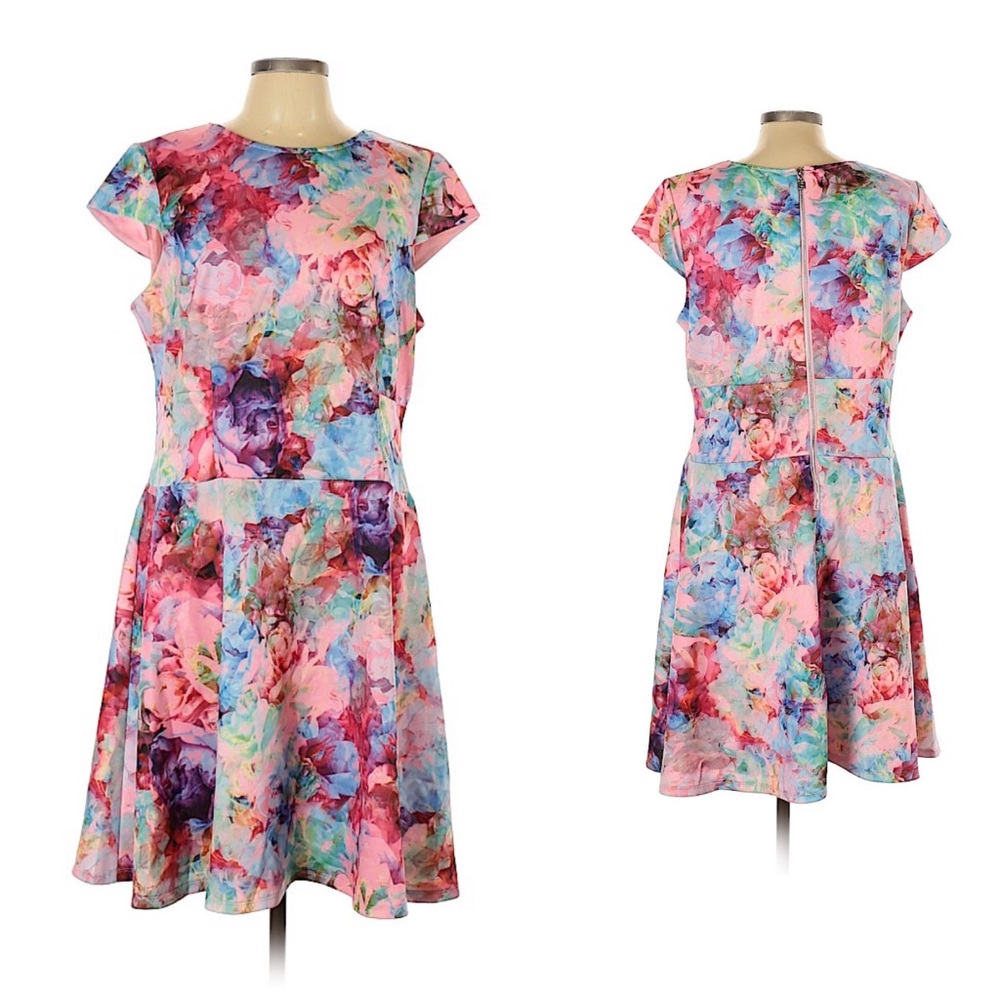 {Leslie Fay} Floral Print A-Line Cap Sleeve Dress